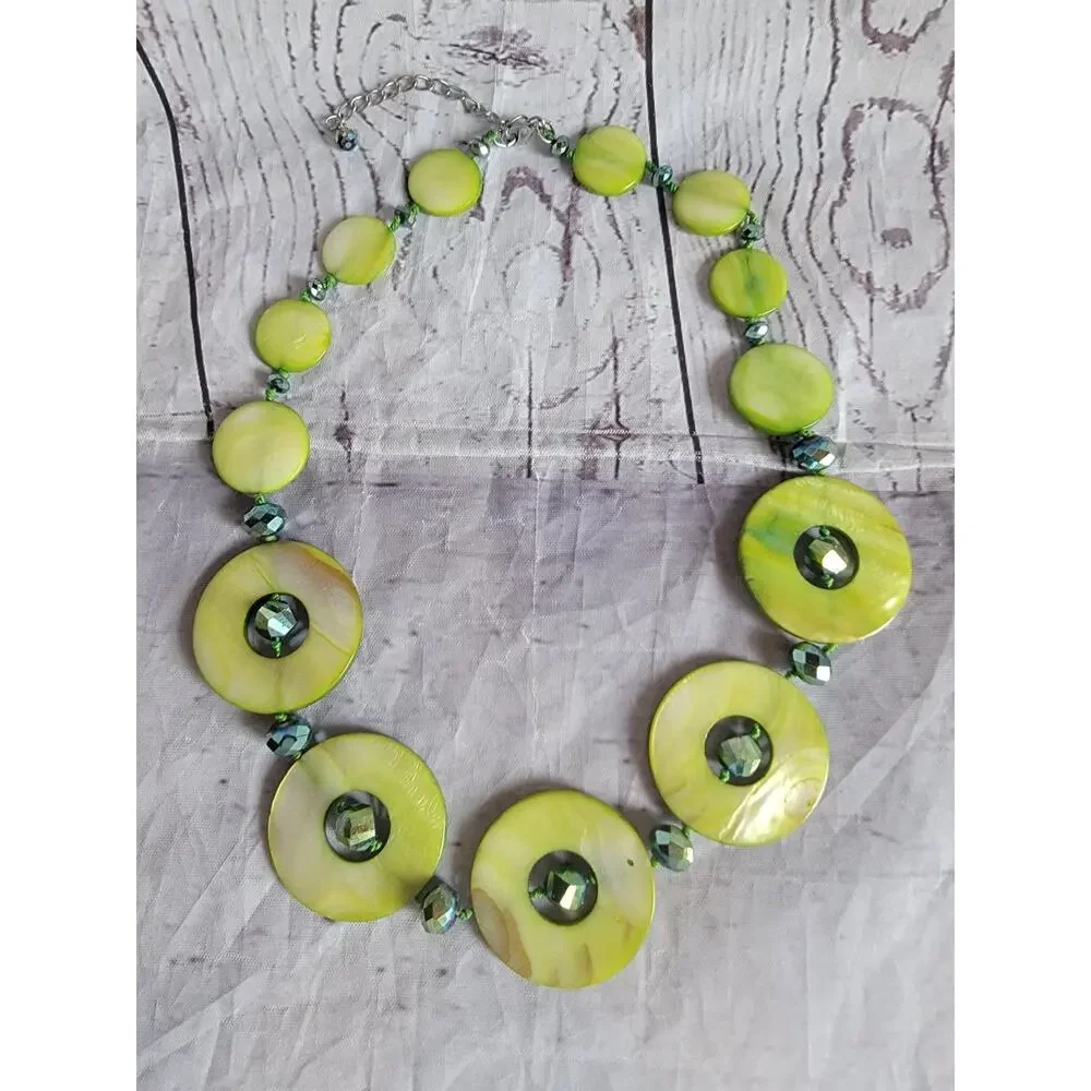 Pea Green Round Shell Necklace Chime round statement Piece Matching Earrings